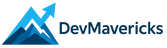 Create a logo for DevMavericks, reflecting leadership and an upwards trend in career. There should be an arrow and mountains in the background, and it should use blue colors. In addition, I'd like to have the text "DevMavericks" next to it (in the same line as the logo)